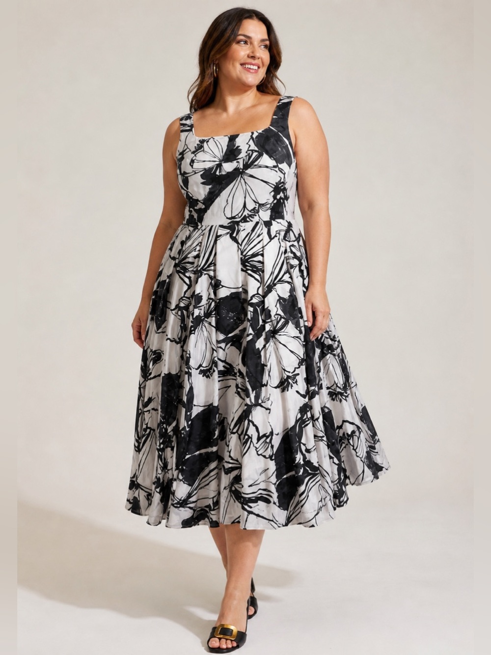 Donna Karan New York Floral Midi Dress Black White Sleeveless Size 12